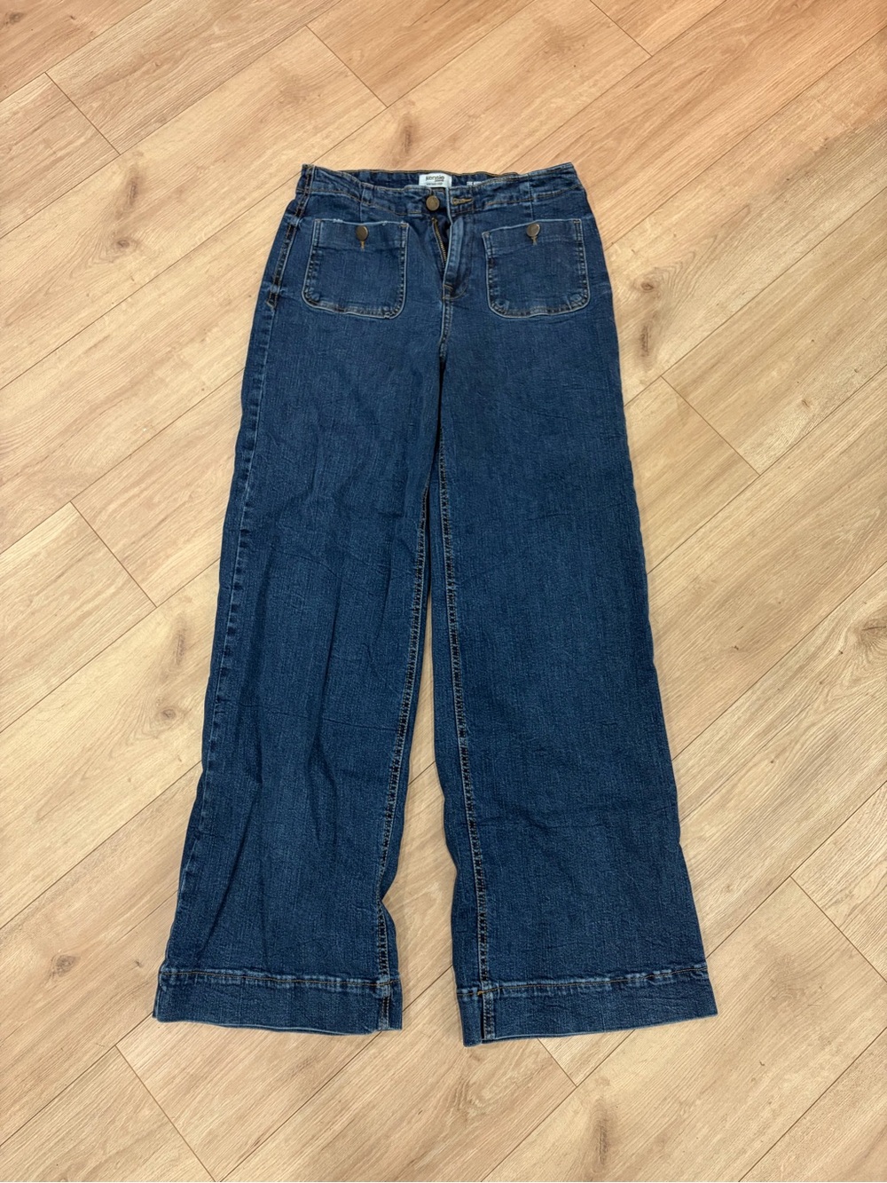 Kensie Dark Blue Wide Leg Denim Jeans with Front Patch Pockets